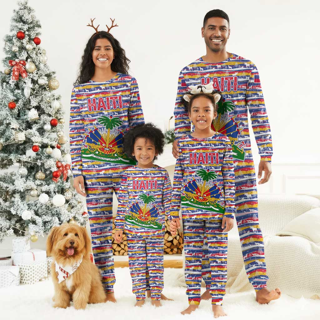 Haiti Christmas Pajama Set Blue Red Yellow Xmas Santa Sleigh and Coat of Arms - African Pride