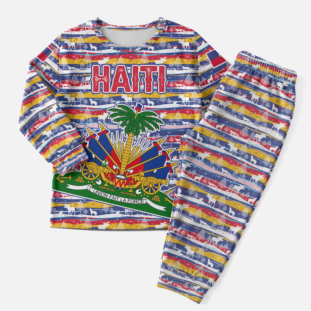 Haiti Christmas Pajama Set Blue Red Yellow Xmas Santa Sleigh and Coat of Arms - African Pride