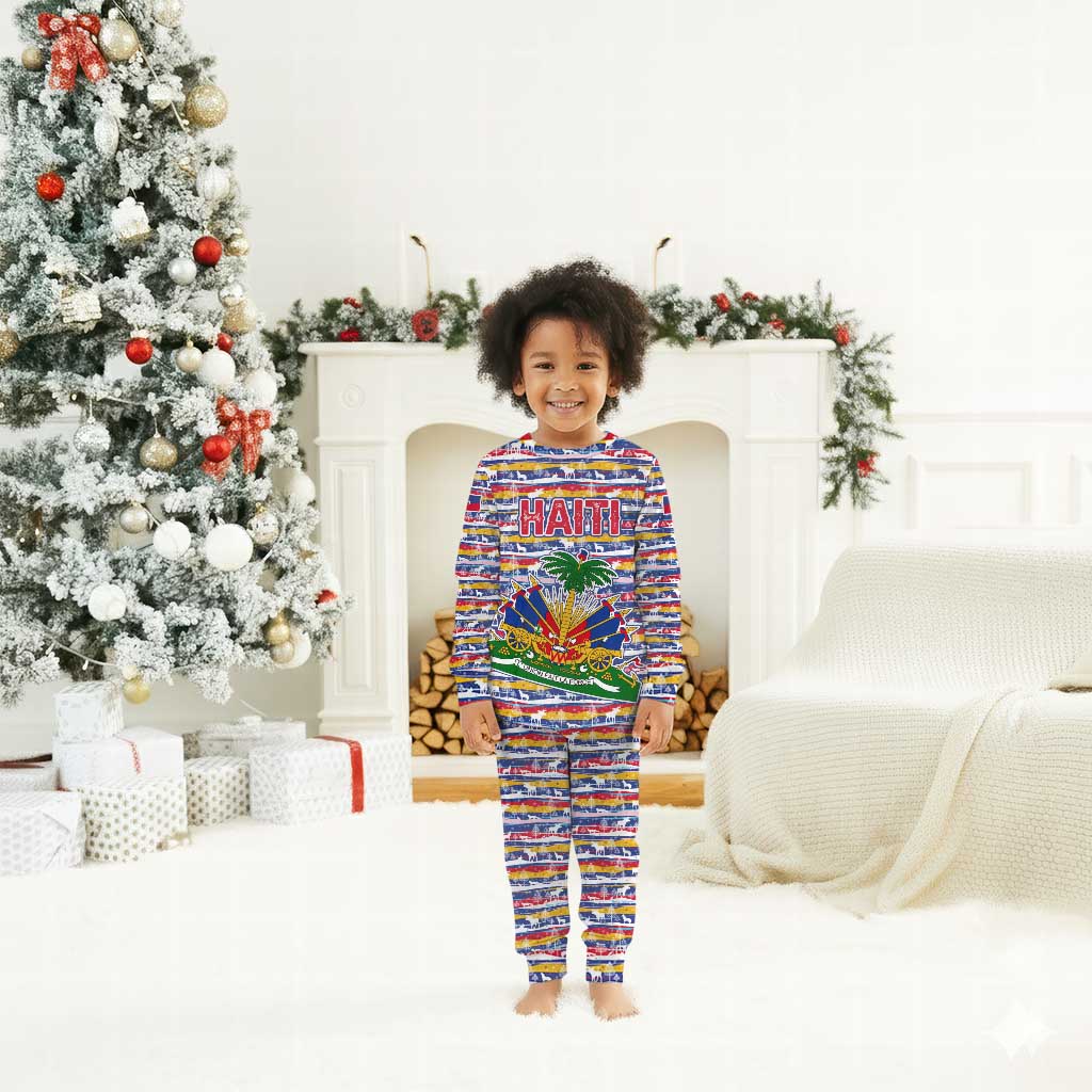 Haiti Christmas Pajama Set Blue Red Yellow Xmas Santa Sleigh and Coat of Arms - African Pride
