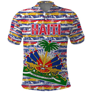Haiti Christmas Polo Shirt Blue Red Yellow Xmas Santa Sleigh and Coat of Arms - African Pride