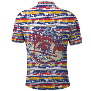 Haiti Christmas Polo Shirt Blue Red Yellow Xmas Santa Sleigh and Coat of Arms - African Pride