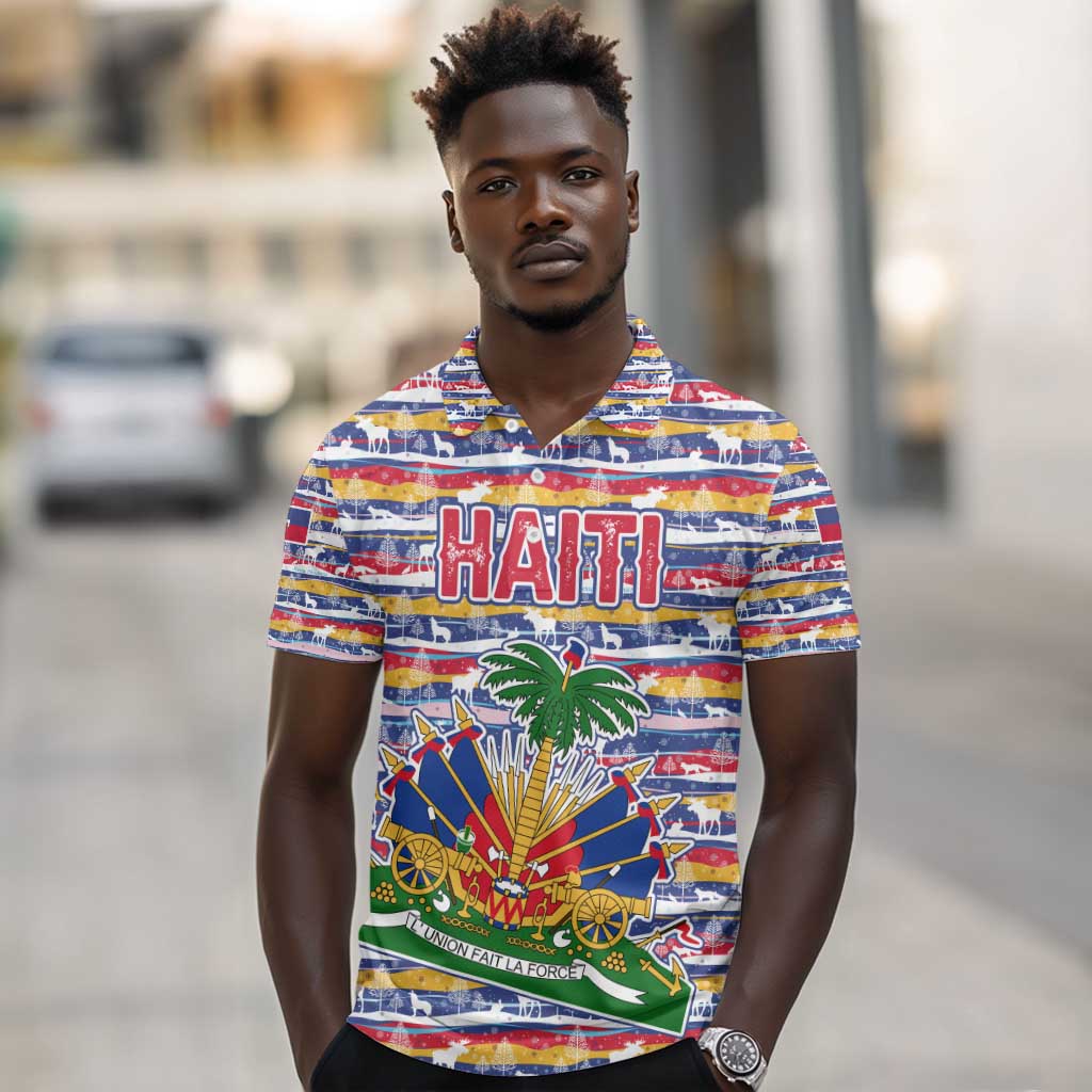 Haiti Christmas Polo Shirt Blue Red Yellow Xmas Santa Sleigh and Coat of Arms - African Pride
