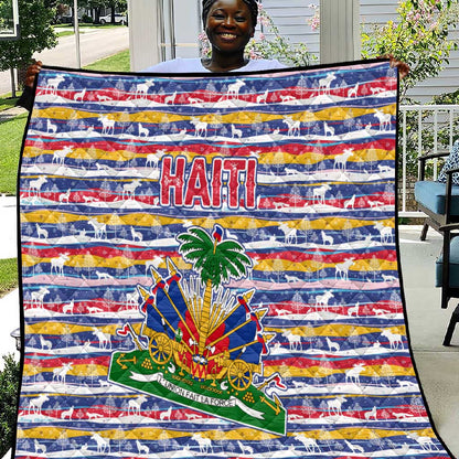 Haiti Christmas Quilt Blue Red Yellow Xmas Santa Sleigh and Coat of Arms - African Pride
