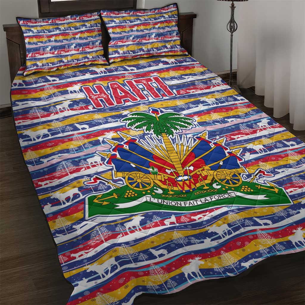 Haiti Christmas Quilt Bed Set Blue Red Yellow Xmas Santa Sleigh and Coat of Arms - African Pride
