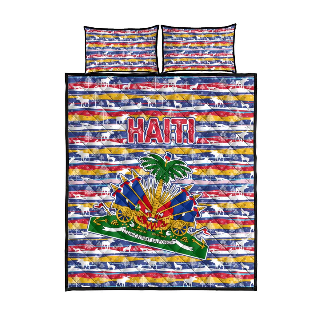 Haiti Christmas Quilt Bed Set Blue Red Yellow Xmas Santa Sleigh and Coat of Arms - African Pride