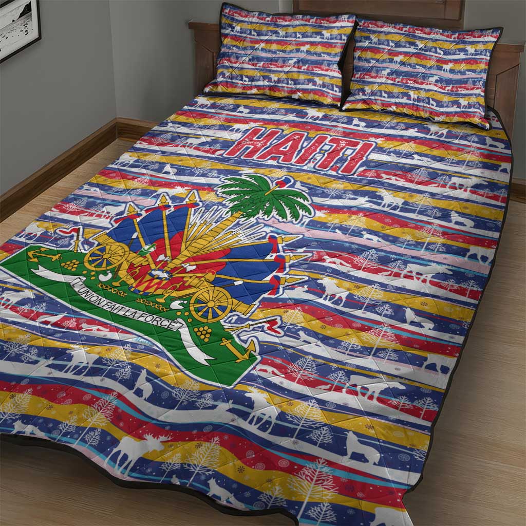 Haiti Christmas Quilt Bed Set Blue Red Yellow Xmas Santa Sleigh and Coat of Arms - African Pride