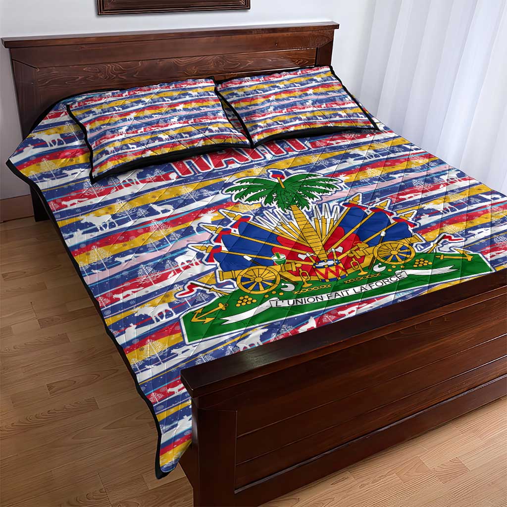 Haiti Christmas Quilt Bed Set Blue Red Yellow Xmas Santa Sleigh and Coat of Arms - African Pride