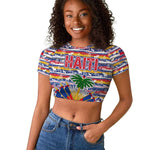 Haiti Christmas Raglan Cropped T shirt Blue Red Yellow Xmas Santa Sleigh and Coat of Arms - African Pride