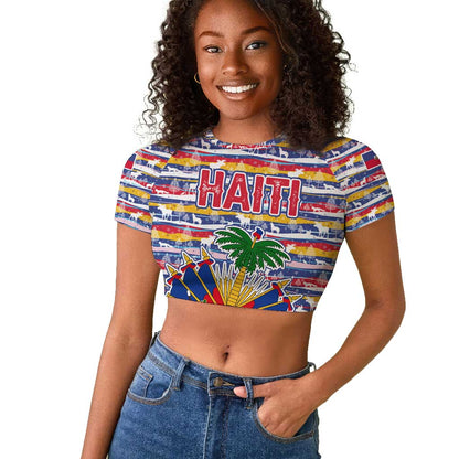 Haiti Christmas Raglan Cropped T shirt Blue Red Yellow Xmas Santa Sleigh and Coat of Arms - African Pride