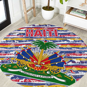 Haiti Christmas Round Carpet Blue Red Yellow Xmas Santa Sleigh and Coat of Arms - African Pride