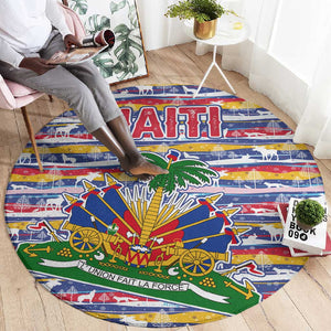 Haiti Christmas Round Carpet Blue Red Yellow Xmas Santa Sleigh and Coat of Arms - African Pride