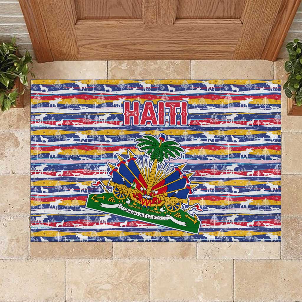 Haiti Christmas Rubber Doormat Blue Red Yellow Xmas Santa Sleigh and Coat of Arms - African Pride