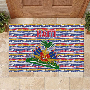 Haiti Christmas Rubber Doormat Blue Red Yellow Xmas Santa Sleigh and Coat of Arms - African Pride
