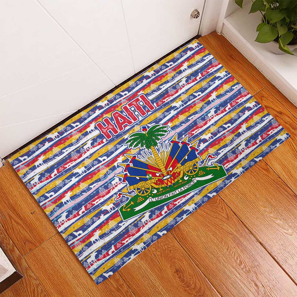 Haiti Christmas Rubber Doormat Blue Red Yellow Xmas Santa Sleigh and Coat of Arms - African Pride