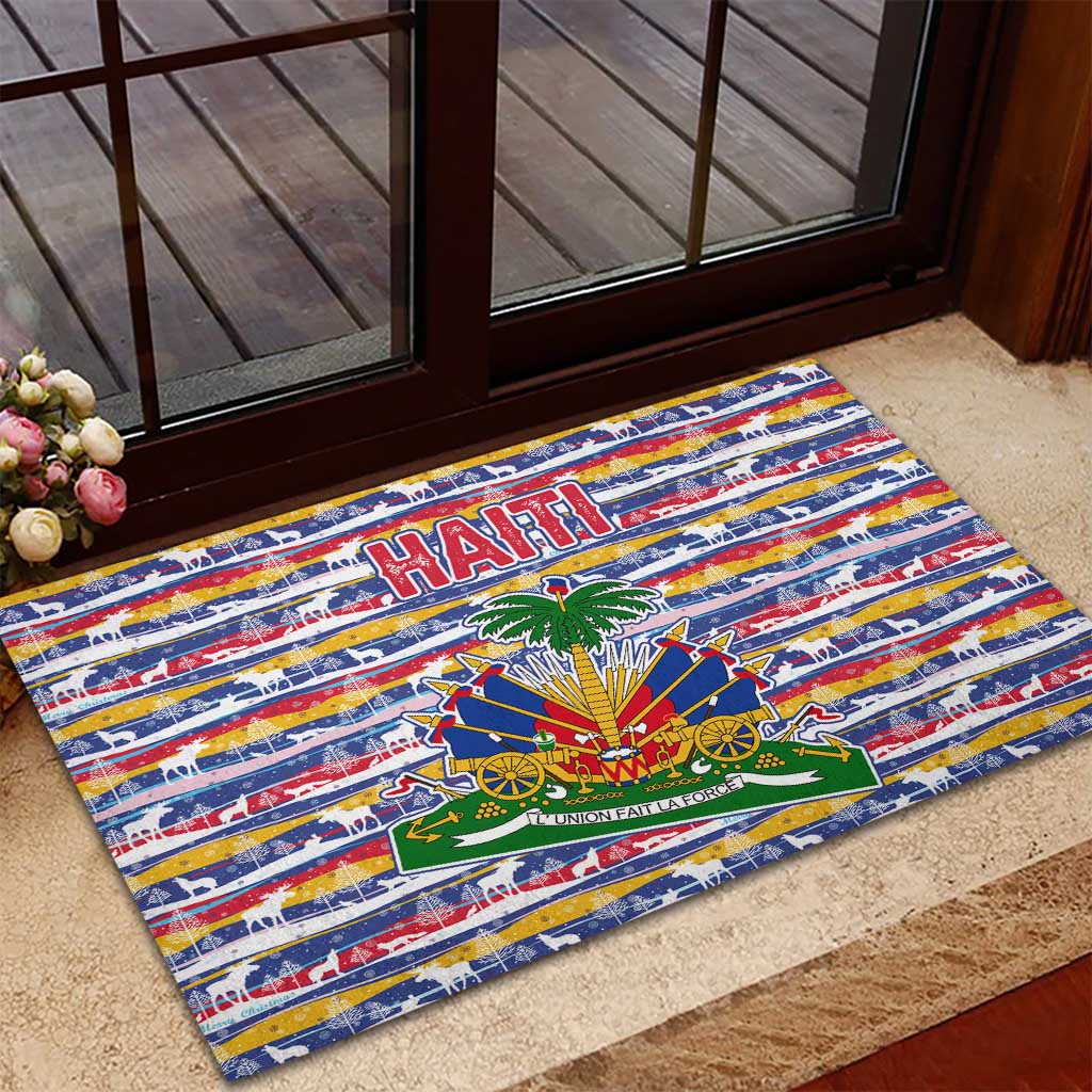 Haiti Christmas Rubber Doormat Blue Red Yellow Xmas Santa Sleigh and Coat of Arms - African Pride