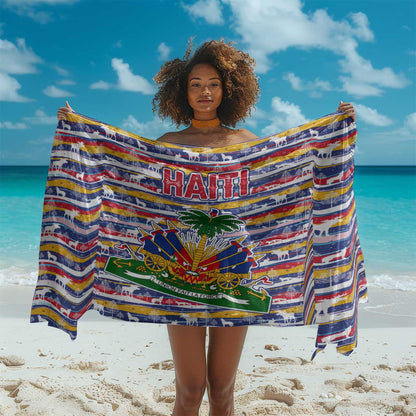 Haiti Christmas Sarong Blue Red Yellow Xmas Santa Sleigh and Coat of Arms - African Pride