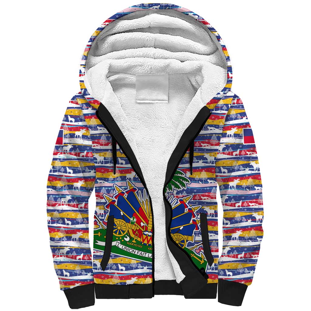 Haiti Christmas Sherpa Hoodie Blue Red Yellow Xmas Santa Sleigh and Coat of Arms - African Pride