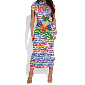 Haiti Christmas Short Sleeve Bodycon Dress Blue Red Yellow Xmas Santa Sleigh and Coat of Arms - African Pride