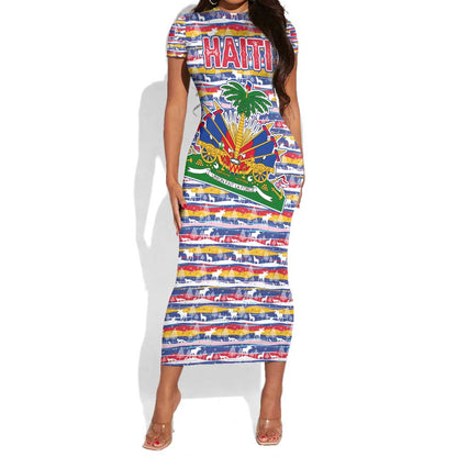 Haiti Christmas Short Sleeve Bodycon Dress Blue Red Yellow Xmas Santa Sleigh and Coat of Arms - African Pride