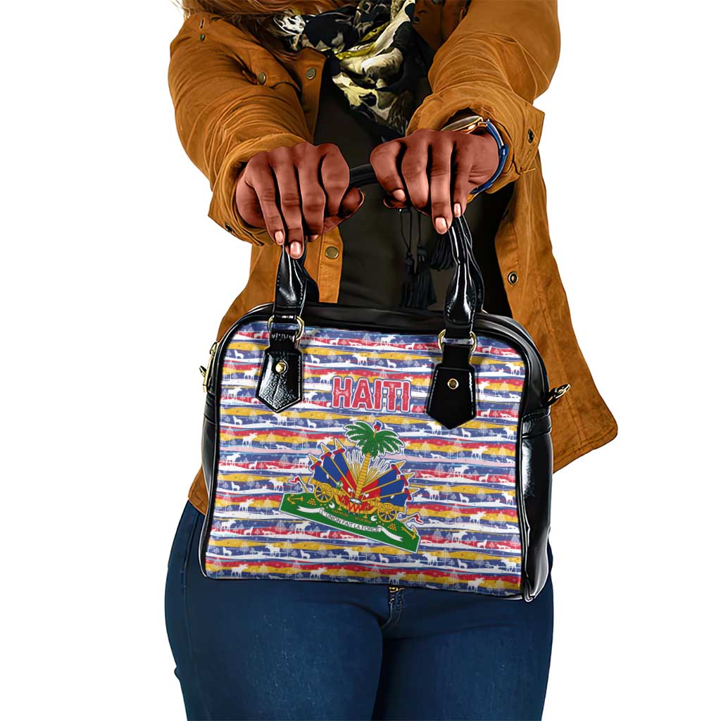 Haiti Christmas Shoulder Handbag Blue Red Yellow Xmas Santa Sleigh and Coat of Arms - African Pride