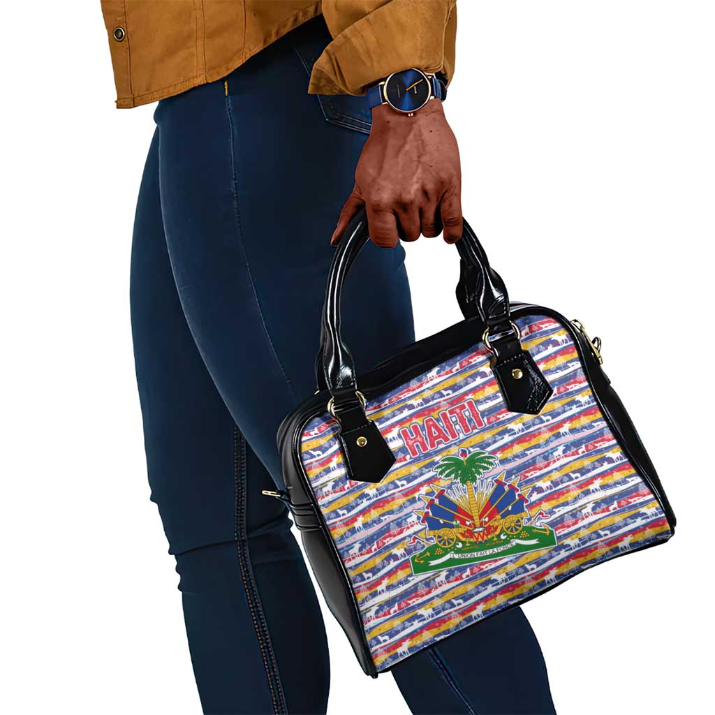 Haiti Christmas Shoulder Handbag Blue Red Yellow Xmas Santa Sleigh and Coat of Arms - African Pride