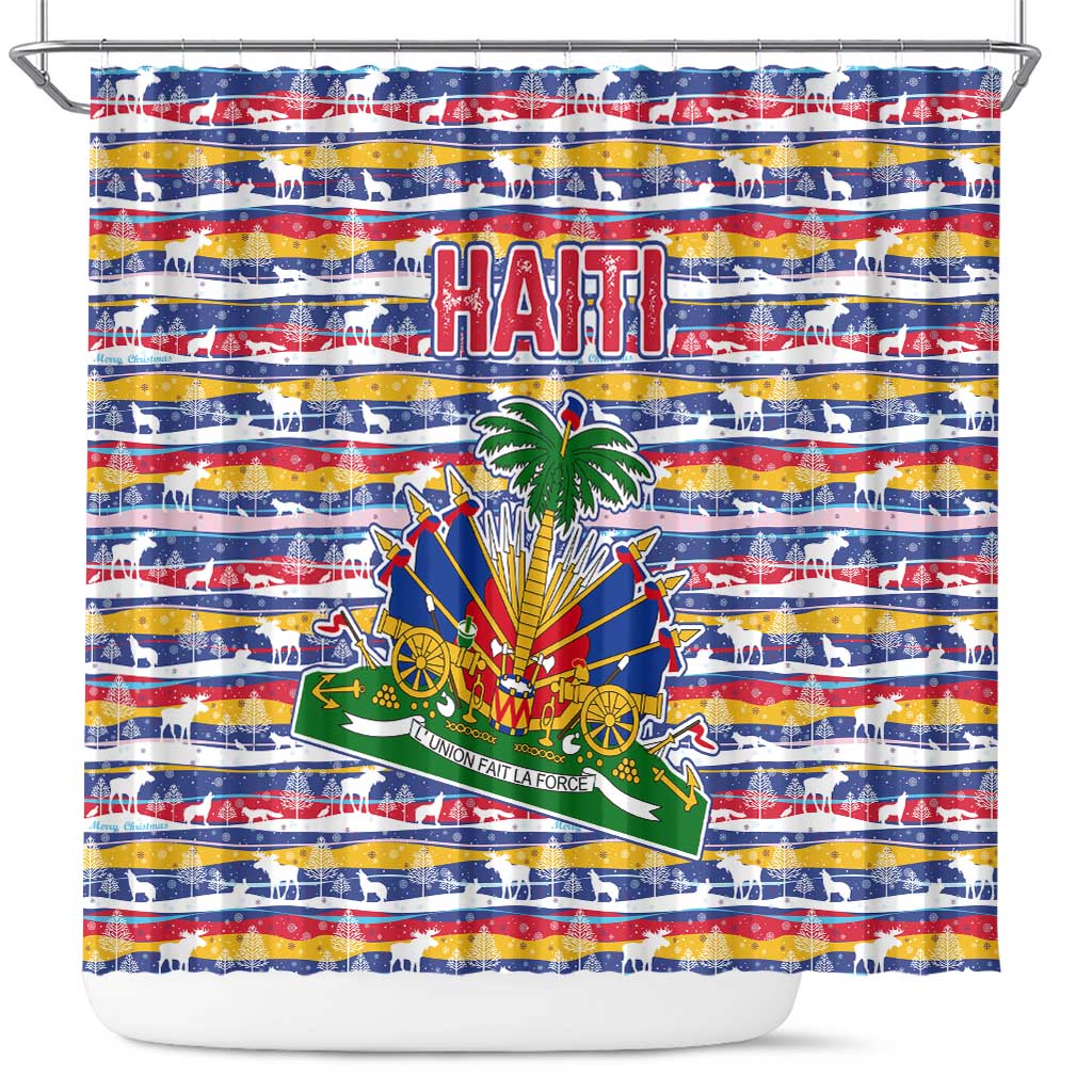 Haiti Christmas Shower Curtain Blue Red Yellow Xmas Santa Sleigh and Coat of Arms - African Pride