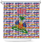 Haiti Christmas Shower Curtain Blue Red Yellow Xmas Santa Sleigh and Coat of Arms - African Pride