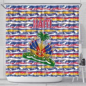 Haiti Christmas Shower Curtain Blue Red Yellow Xmas Santa Sleigh and Coat of Arms - African Pride