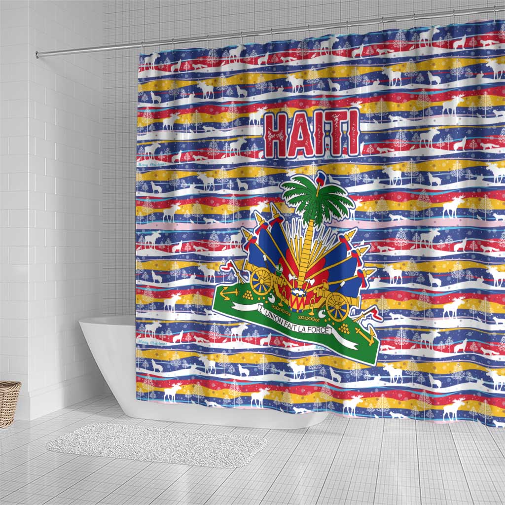 Haiti Christmas Shower Curtain Blue Red Yellow Xmas Santa Sleigh and Coat of Arms - African Pride