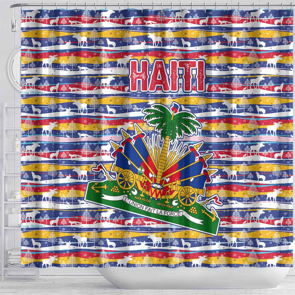 Haiti Christmas Shower Curtain Blue Red Yellow Xmas Santa Sleigh and Coat of Arms - African Pride