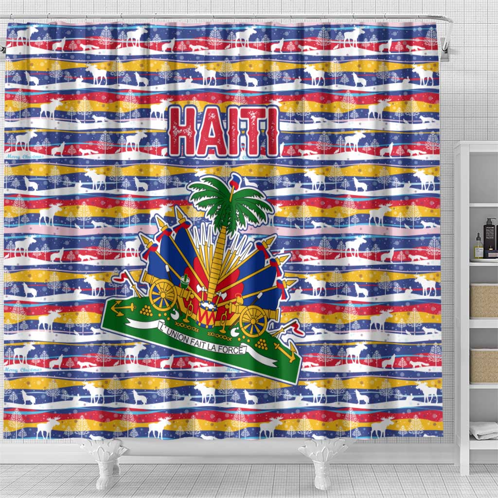 Haiti Christmas Shower Curtain Blue Red Yellow Xmas Santa Sleigh and Coat of Arms - African Pride