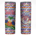Haiti Christmas Skinny Tumbler Blue Red Yellow Xmas Santa Sleigh and Coat of Arms - African Pride