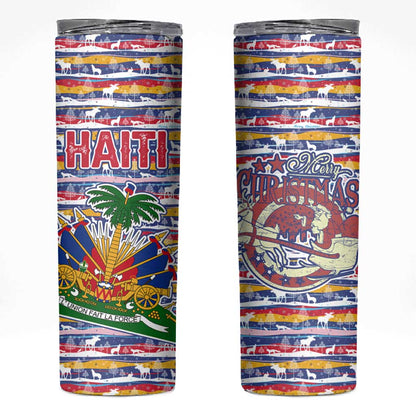 Haiti Christmas Skinny Tumbler Blue Red Yellow Xmas Santa Sleigh and Coat of Arms - African Pride