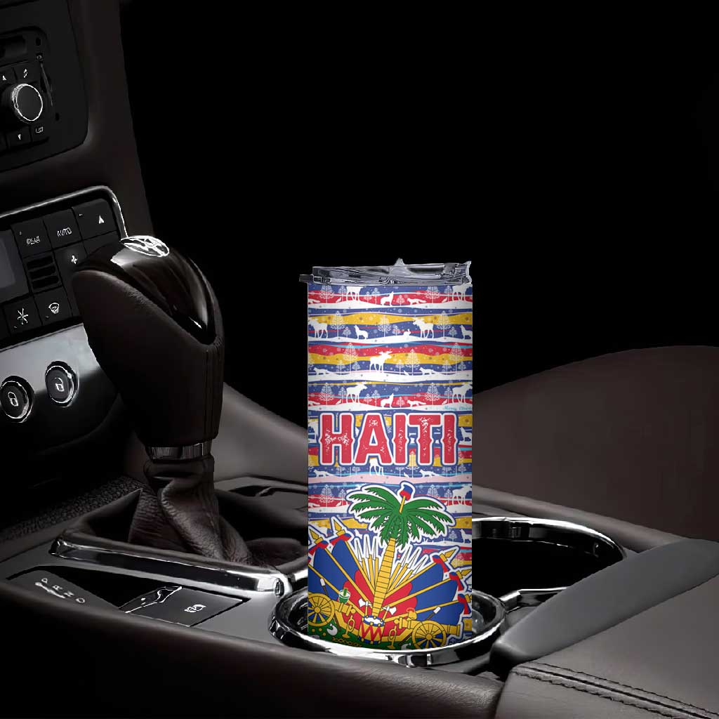 Haiti Christmas Skinny Tumbler Blue Red Yellow Xmas Santa Sleigh and Coat of Arms - African Pride