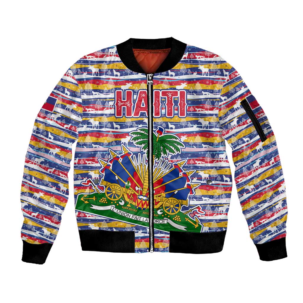 Haiti Christmas Sleeve Zip Bomber Jacket Blue Red Yellow Xmas Santa Sleigh and Coat of Arms - African Pride