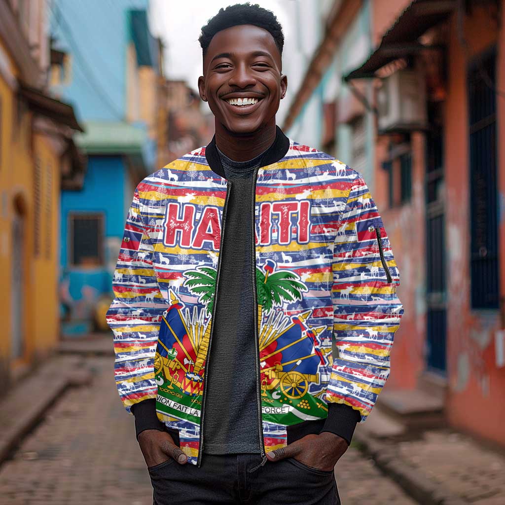 Haiti Christmas Sleeve Zip Bomber Jacket Blue Red Yellow Xmas Santa Sleigh and Coat of Arms - African Pride