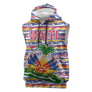 Haiti Christmas Sleeveless Hoodie Blue Red Yellow Xmas Santa Sleigh and Coat of Arms - African Pride