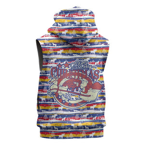 Haiti Christmas Sleeveless Hoodie Blue Red Yellow Xmas Santa Sleigh and Coat of Arms - African Pride