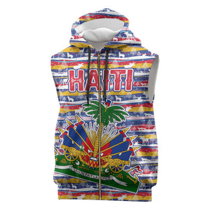 Haiti Christmas Sleeveless Zip Hoodie Blue Red Yellow Xmas Santa Sleigh and Coat of Arms - African Pride