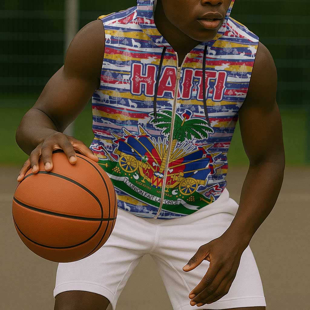 Haiti Christmas Sleeveless Zip Hoodie Blue Red Yellow Xmas Santa Sleigh and Coat of Arms - African Pride