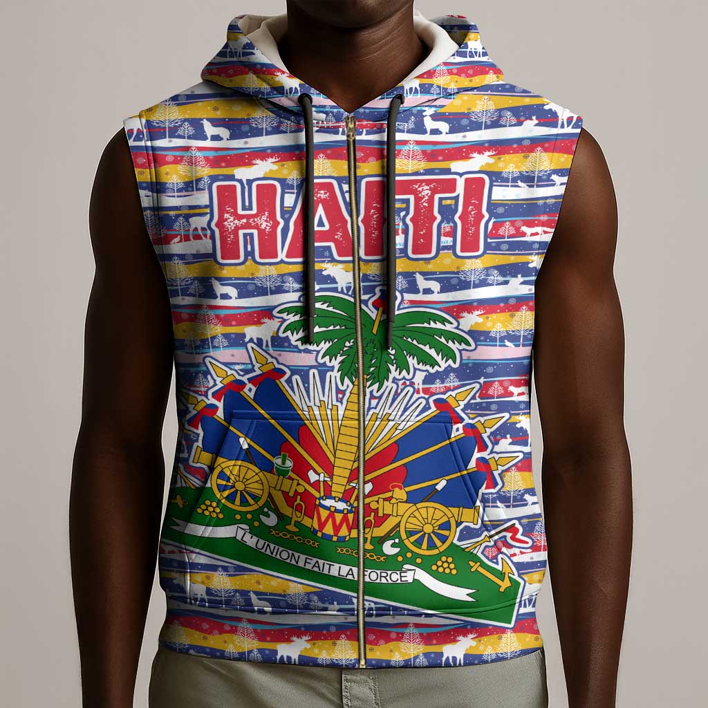Haiti Christmas Sleeveless Zip Hoodie Blue Red Yellow Xmas Santa Sleigh and Coat of Arms - African Pride