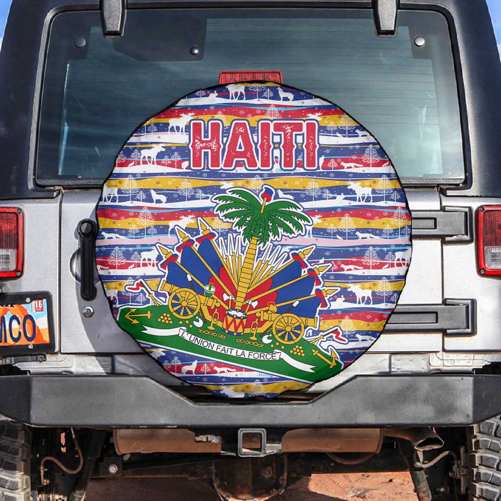 Haiti Christmas Spare Tire Cover Blue Red Yellow Xmas Santa Sleigh and Coat of Arms - African Pride