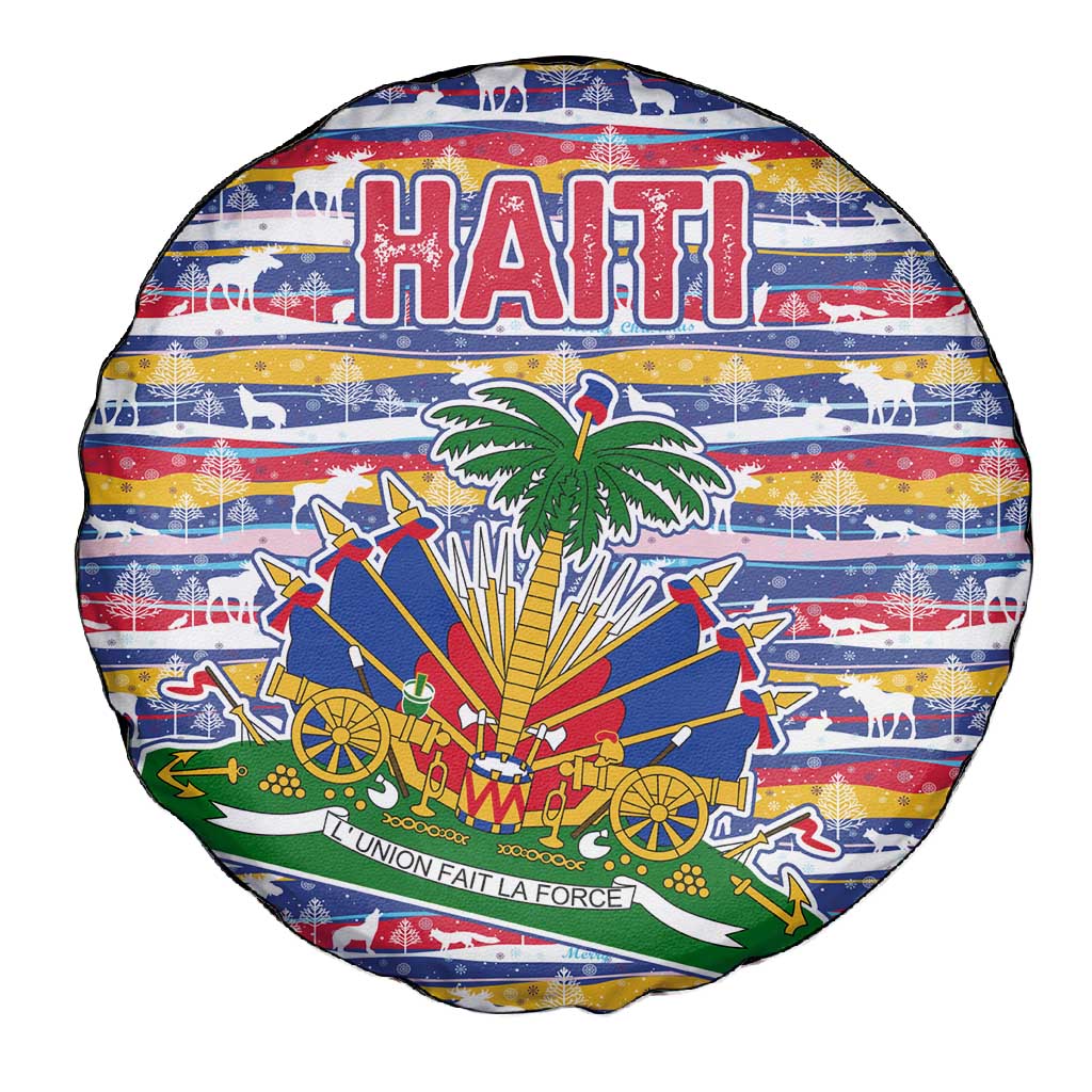 Haiti Christmas Spare Tire Cover Blue Red Yellow Xmas Santa Sleigh and Coat of Arms - African Pride