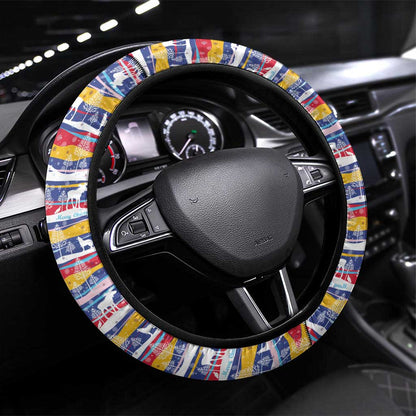 Haiti Christmas Steering Wheel Cover Blue Red Yellow Xmas Santa Sleigh and Coat of Arms - African Pride