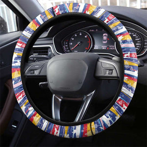 Haiti Christmas Steering Wheel Cover Blue Red Yellow Xmas Santa Sleigh and Coat of Arms - African Pride
