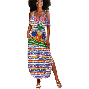 Haiti Christmas Summer Maxi Dress Blue Red Yellow Xmas Santa Sleigh and Coat of Arms - African Pride