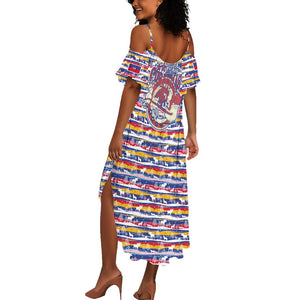Haiti Christmas Summer Maxi Dress Blue Red Yellow Xmas Santa Sleigh and Coat of Arms - African Pride