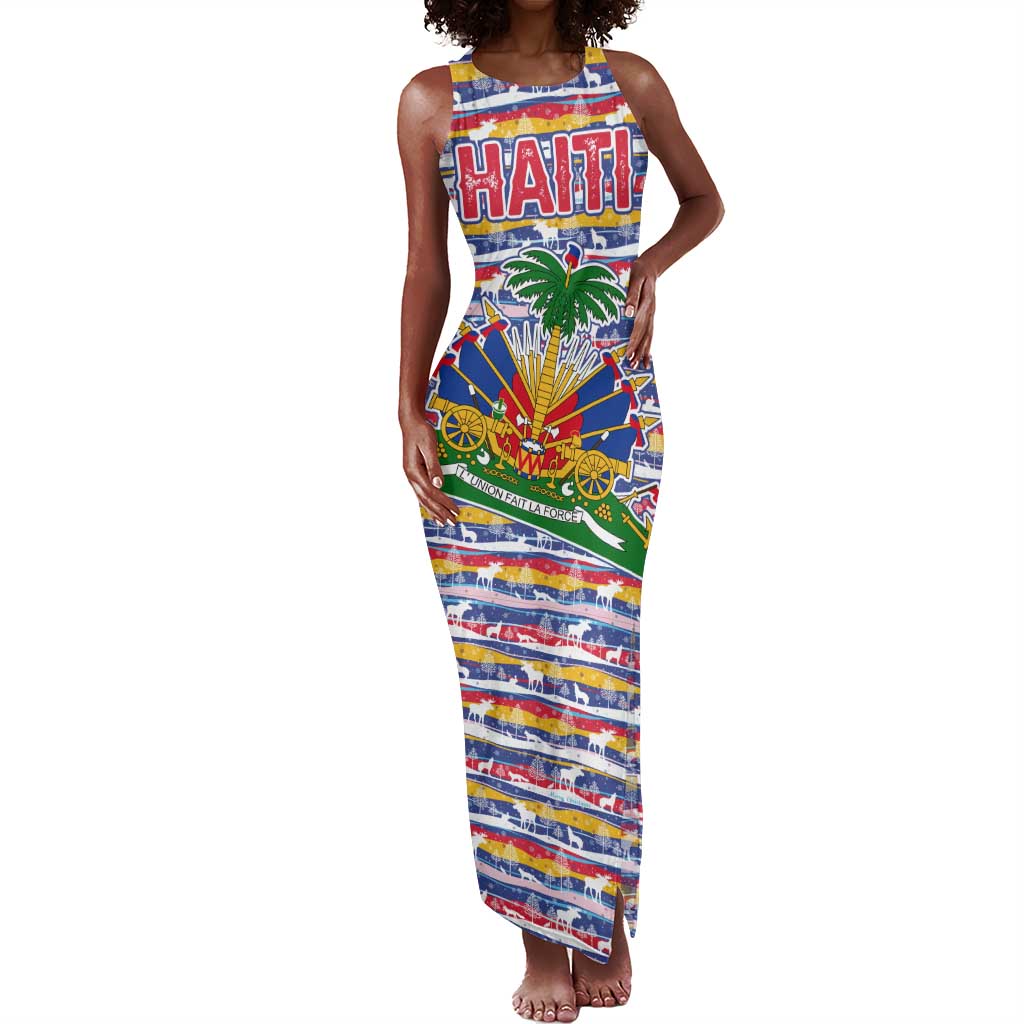 Haiti Christmas Tank Maxi Dress Blue Red Yellow Xmas Santa Sleigh and Coat of Arms - African Pride