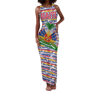 Haiti Christmas Tank Maxi Dress Blue Red Yellow Xmas Santa Sleigh and Coat of Arms - African Pride