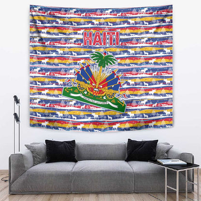 Haiti Christmas Tapestry Blue Red Yellow Xmas Santa Sleigh and Coat of Arms - African Pride